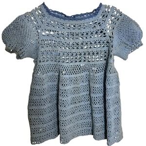 Hand Crochet Knit Baby Top Button Back Blue Infant Dress Approx 18 mo